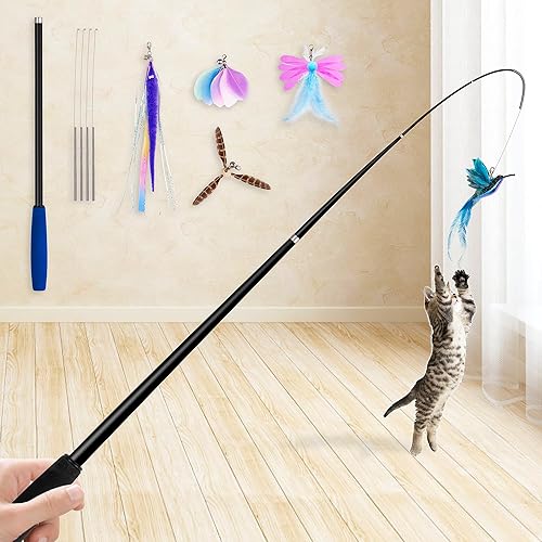 JXFUKAL 2025 Latest Cat Toys, 2 in 1 Spring Cat Wand Toy with 2PCS Ultra-Long Cat Teaser, 4PCS Spring Steel Wire & 5PCS Feather Refills for Kitty Kitten Indoor Cats Cat Accessories - CAT WAND TOY SET