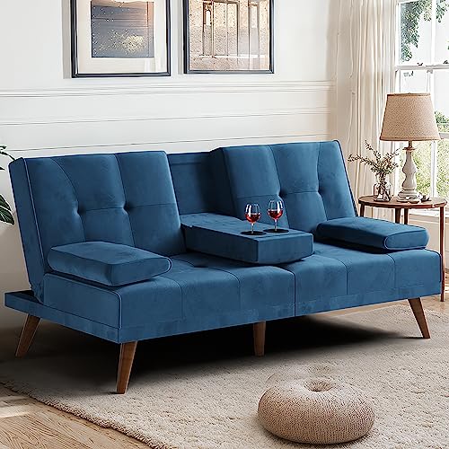 Meilocar Sofa Bed Velvet Futon Couch, 60" Loveseat Futon Sofa Bed with Removable Armrests, Adjustable Reliner Guest Bed Daybed for Small Space, Cup Holders, 3 Angles, Blue - Removable Armrest - Blue