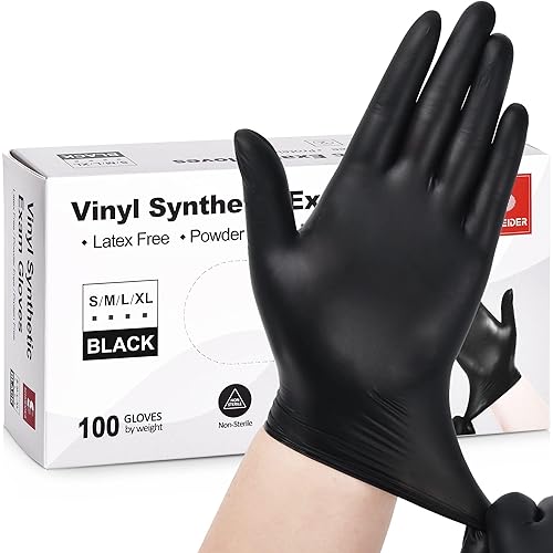 Schneider Vinyl Synthetic Exam Gloves, 4 Mil, Latex Free Disposable Gloves for Medical, Cooking, Cleaning, and Food Prep - Medium (Pack of 100) - Black
