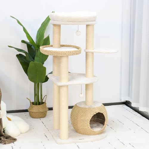 KAMABOKO Modern Cat Tree, 53" Tall Cat Tree for Indoor Cats w/Natural Sisal Scratching Posts, Hand-Woven Condo & Top Perch, Cat Tree for Kittens Climb Play Rest - 53"H