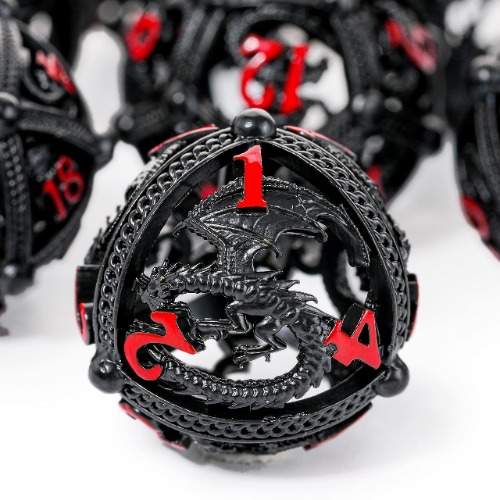 Metal DND Dice Set - Unique Round Hollow Orb Design for Better Rolling - Beautiful Dragon Metal Dice Set for Role Playing Games (RPG) - Stunning D&D Dungeons and Dragons Dice Set (Black Red) - Black Red Dragon