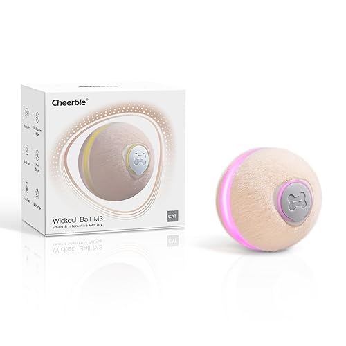 【2025 Upgrade】 Cheerble Interactive Cat Ball Toy, Wicked Ball M3, Automatic Moving Ball Toy for Indoor Cat Kitten, Smart Anti-Depression Pet Toy Fun Gift with Light - Apricot