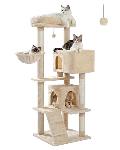 PEQULTI Cat Tree for Large Cats with Large Top Perch, [56.3''=143cm] Multi-Level Tower for Cats with Sleeping Bag, Cat Shelves with Scratching Posts and 2 Condos Houses, Beige,Sleeping Tree - Sleeping Tree - Beige