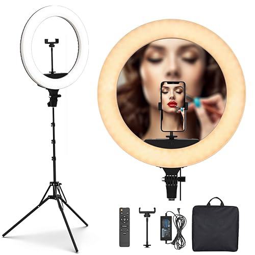 PoplarTrees Ring Light 18'' with Tripod Stand 65W, 3 Light Mode 3200-5500K Dimmable CRI 95, Makeup Photography LED Ring Light for YouTube TikTok Video Shooting Including Carrying Bag