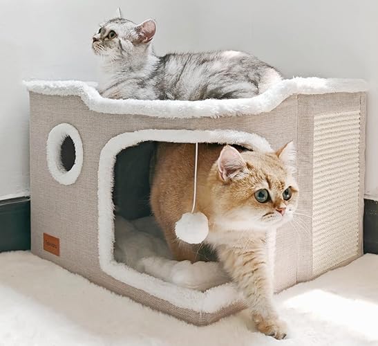 Spindro Large Cat Bed for Indoor Cats, Foldable Cat Cave for Pet Cat House Cube with Scratch Pad, Cute Kitten Condo Cat Hideaway Cat Hut with Soft Pillow Mat, 17x17x13 inches, Beige - 2 level (17"x17"x13") - Beige