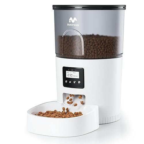 IMIPAW Automatic Cat Feeders, 3L Timed Cat Dry Food Dispenser with Anti-Clogging Design, Auto Pet Feeder for Cats and Dogs, 1-6 Meals Per Day - White - Regular