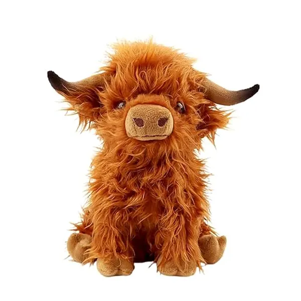 rivoeis 10.5 inches Highland Cows Stuffed Animals, Cute Fluffy Cow Plush Figure Toys Realistic Highland Cattle Plush Decor for Kids Baby Girls Boys - Brown Cow