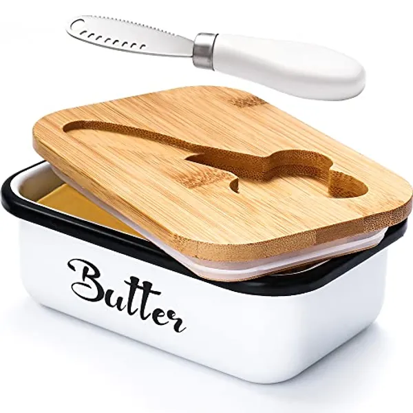 Butter Dish with Lid,Butter Dish for Countertop,AISBUGUR Metal Butter Keeper with Stainless Steel Multipurpose Butter Knife,Large Butter Container with Silicone Home Decor Kitchen Gift White - 1 - White