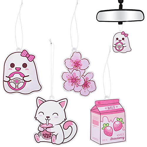 Car Air Freshener Kawaii Incense Chips Scented Ornament, Car Rearview Mirror Pendant, 4 Styles and Scents Of Bubble Tea Strawberry Milk Sakura Hanging Ornament Vent Decoration Cute Aromatic For Party Supplies - Kawaii Cute