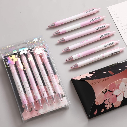 Lovely Sakura Gel Ink Pen, 6Pcs 0.5 mm Black Gel Ink Pens, Extra-Fine Ballpoint Pen, for Office School Stationery Supply (Sakura)