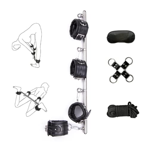Spreader Bar Bondage Restraints Kit Handcuffs Sex Toys with Hogtie Blindfold Rope for Couples Adults SM Games (Silver) - Silver
