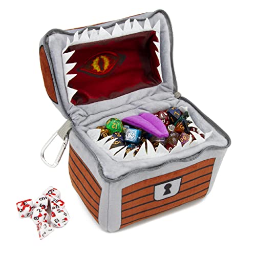 CASEMATIX Mimic Dice Chest and DND Dice Case with 7 Included RPG Dice - 6.5" Mimic Chest Dice Bag with Zipper Closure and Carabiner for 150 Dice, Protective Novelty Dice Holder for Tabletop Dice - Chest