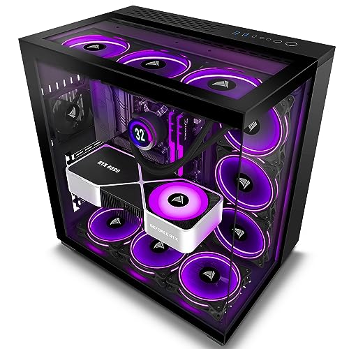 AMANSON PC Case- Pre-Installed 7 PWM Fan, ATX Mid Tower Gaming Case, with 3 Tempered Glass Full Screen Computer Case, H01, Black - H01