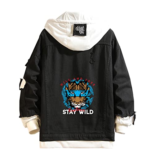 Lpstop Black Hoodie Tiger Denim Hoodies STAY WILD Denim Jacket Animal Print Lightweight Hoodies for Men Women - F - L