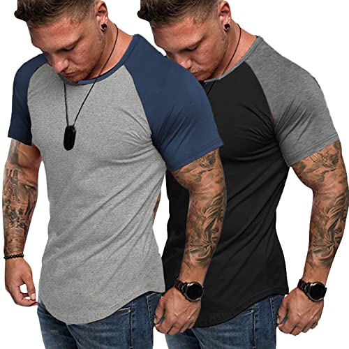 COOFANDY Men's 2 Packs Gym Muscle T Shirts Fitness Workout Baseball Tee Shirts - Large - Light Grey/Black