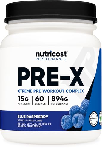 Nutricost Pre-X Xtreme Pre-Workout Complex Powder, Blue Raspberry, 60 Servings, Vegetarian, Non-GMO and Gluten Free - Blue Raspberry - 60 Servings (Pack of 1)