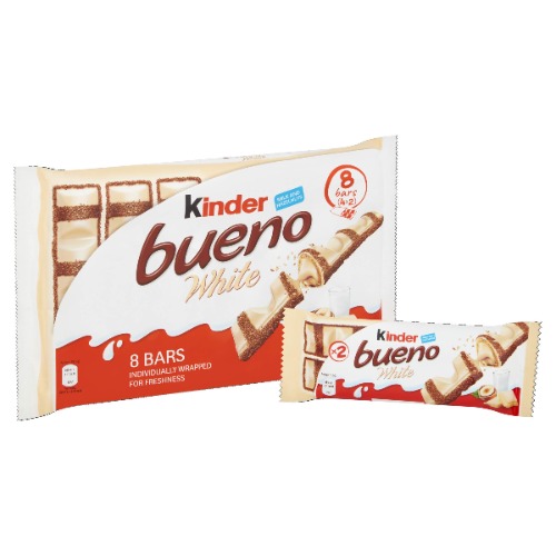 Kinder Bueno White Wafer Twin Bars, Chocolate Gift Pack, Milk Chocolate Covered Wafer with Smooth Milky and Hazelnut Filling, Pack of 4 x 2 (8 pcs)