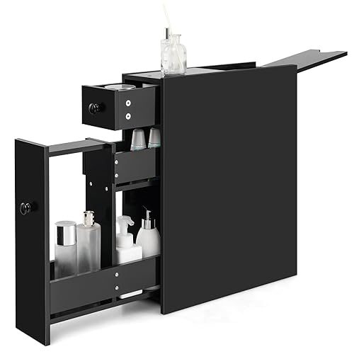 Tangkula Slim Bathroom Cabinet, Free Standing Storage Cabinet with Slide Out Drawers, Narrow Floor Bathroom Organizer Next to Toilet, Bathroom Toilet Paper Holder, 19 x 6.5 x 23 Inch (Black) - Black