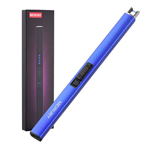 MEIRUBY Lighter Electric Candle Lighter Long Electronic Rechargeable USB Lighter Arc Windproof Flameless Lighters for Candle Camping BBQ Birthday Women's Day Gifts for Women Mom Wife Men, Blue - Blue