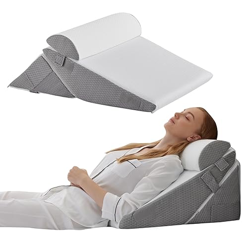 Bedluxe 3Pcs Orthopedic Bed Wedge Pillow Set, Foam Wedge Pillow Post Surgery for Back, Leg and Knee Support, Adjustable 9&12 Inch Folding Triangle Pillow for Sleeping, Acid Reflux, Snoring, White/Grey - White/Grey - Adjustable 9&12 Inch + 1 Head Pillow