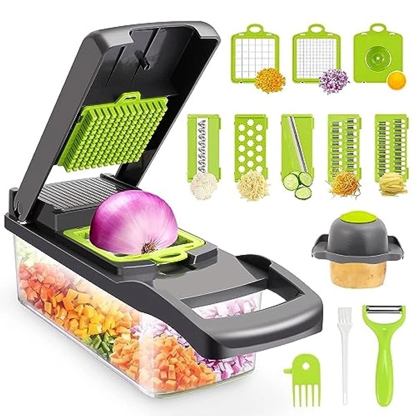 Vegetable Chopper,Senbowe Multifunctional 13-in-1 Food Choppers Onion Chopper Vegetable Slicer Cutter Dicer Veggie chopper with 8 Blades,Colander Basket,Container for Salad Potato Carrot Garlic - green +white