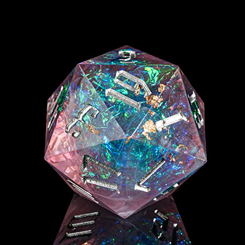 Cusdie Single D20 DND Dice with Sharp Edges and Glitter Foil Inclusions, 20 Sided D&D Dice, 33mm Handcrafted Polyhedral Dice, for Role Playing Game MTG Pathfinder(Purple/Silver Font) - Purple/Silver Font