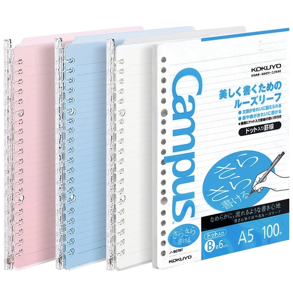 Kokuyo Campus Easy-Carry Slim Binder Smart-Ring A5 20-Ring Set of 3 (Light Colors & 100 Sheets Papers Set, A5)