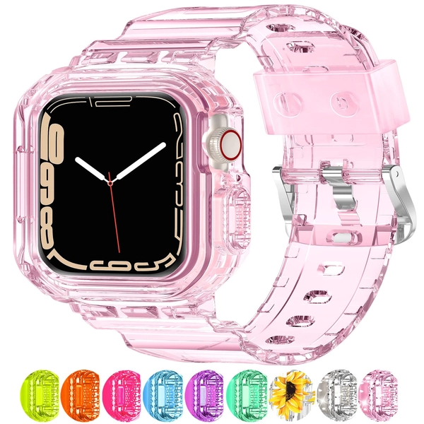 XYF Compatible for Crystal Clear Apple Watch Bands, 45mm 44mm 42mm 41mm 40mm 38mm 49mm with Bumper Case for Men Women Jelly Sport Case and Band for iWatch Ultra Series 8 7 SE/6 5 4 3 2 1