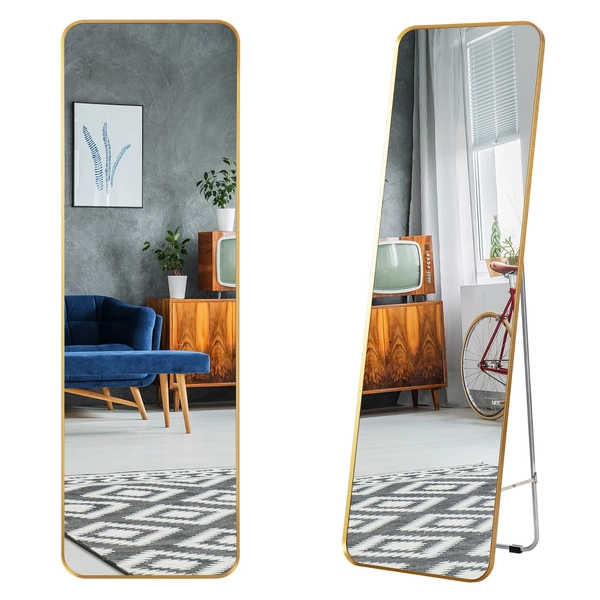 Giantex Full Length Wall Mounted Mirror w/Stand, 40 x 130cm, Floor Mirror w/Explosion Proof Film & Gold Steel Frame, Rectangular Body Sized Mirror for Bedroom Living Room, Standing or Hanging