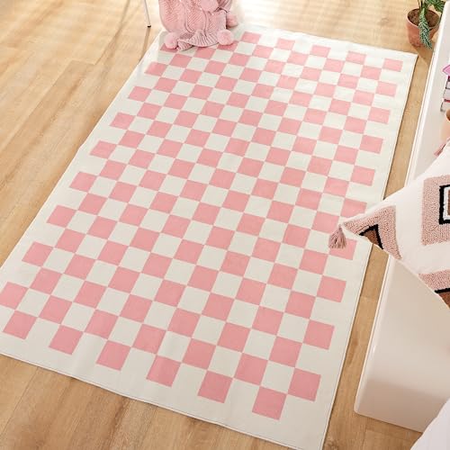 TRUEDAYS 4x6 Low Pile Area Rug with Washable Non Slip Rubber Back - Soft Pink Checkered Rug Indoor - Buffalo Plaid Area Rugs for Living Room Bedroom Kitchen - 4 X 6ft - Pink
