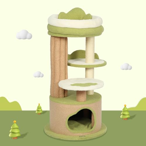 KAMABOKO 42.5" Cute Cat Tree, Green Cat Tree for Indoor Cats, Aesthetic Cat Tower with Teddy Fleece, Cat Condo, Unique Cat Furniture for Small Space - Perfect for Your Feline Pal - 42.5''H