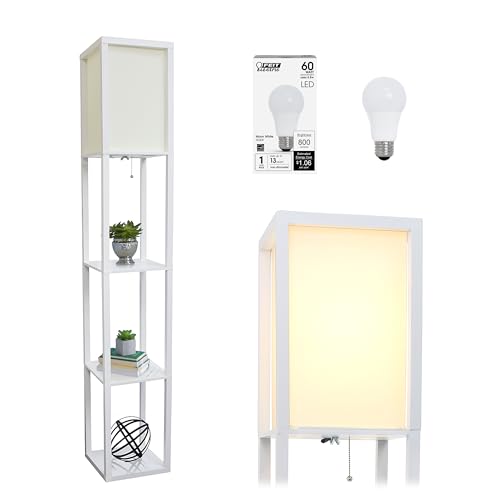 Simple Designs LF1014-WHT-LB Three Shelf Etagere Organizer Storage Floor Lamp with White Linen Shade for Living Room, Bedroom, Office, Hallway, White, with Feit LED Bulb Included - 1 - White - Bulb Included