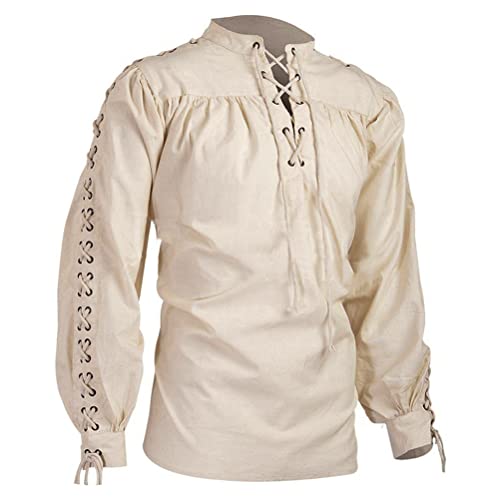 RYCUZYNU Underwear Men's Loose Linen Medieval Gothic Renaissance Shirt Long Sleeve Pirate Mercenary Costume - Medium - Beige
