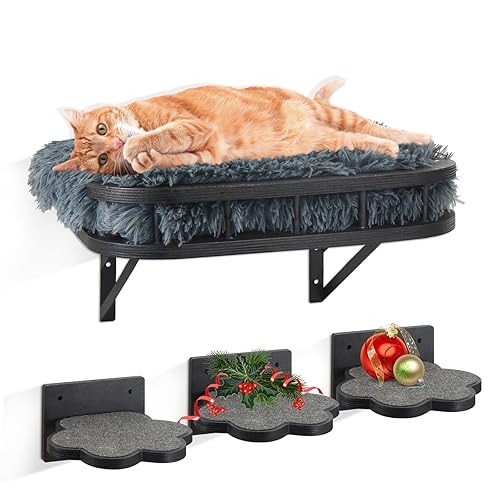 Cat Hammock Cat Wall Furniture with Cooling Mat and Plush Cushion and 3 Wall Steps, Wall Mounted Cat Shelves and Perches, Cat Climbing Shelf Cat Scratching Post for Sleeping, Playing, Gift for Cat - Black,1 Wool Mat Cat Shelf+3 Steps