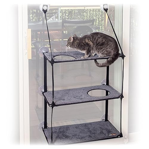 K&H Pet Products EZ Mount Window Sill Cat Bed, Cat Window Hammock, Sturdy Cat Window Perch for Large Cats, Cat Window Bed Cat Furniture, Cat Hammock for Window Cat Perch Cat Shelf - Triple Stack Gray - 12 X 23 Inches - Triple Stack