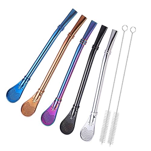 Yerba Mate Bombilla Stainless Steel Straw Loose Leaf Tea Infuser Dringking Spoons Filter Stirring Straws Pack of 5 with 2 Cleaning Brush - Rainbow 5 + 2