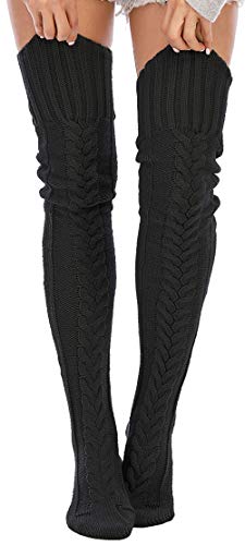 Leoparts Women's Cable Knitted Thigh High Boot Socks Extra Long Winter Stockings Over Knee Leg Warmers - 626-black - One Size