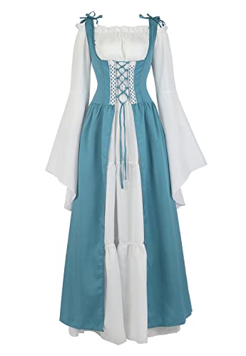 Lehauya Womens Renaissance Costume Medieval Irish Over Dress and Trumpet Sleeves Chemise Boho Set - Medium - Lake Blue