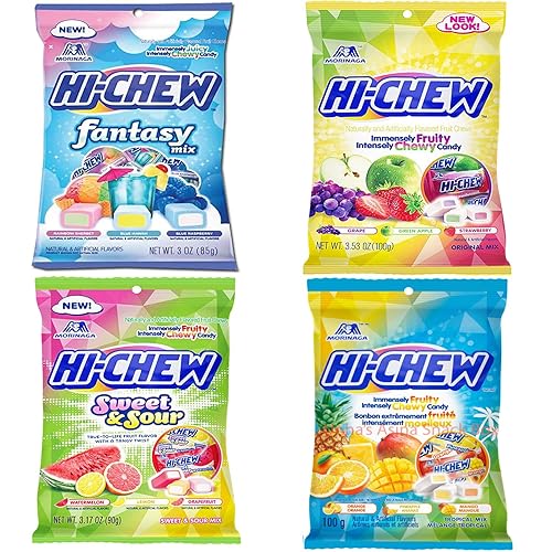 Hi Chew Candy Variety Pack - 4 Different New Assorted Flavors Fantasy Mix, Original Mix, Tropical Mix Sweet and Sour Flavor, Japanese Candy Pack of 4 (Variety Mix 4 Pack)