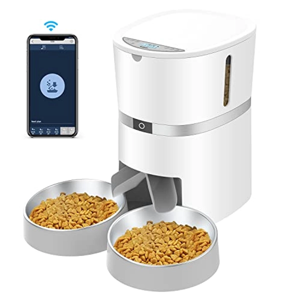 2.4G WiFi Comedero Automático para Gatos y Perros & Múltiples Mascotas,Dispensador de Comida con Control Remoto de Aplicación,10s grabación de Voz,Programable Tiempo de la Comida y Porciones