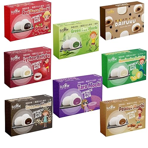 Japanese Mochi 8 Variety Pack: Boba Milk Tea, Taro, Sesame, Hamimelon, Lychee, Green Tea, Peanut & Red Bean in Fusion Select Gift Box