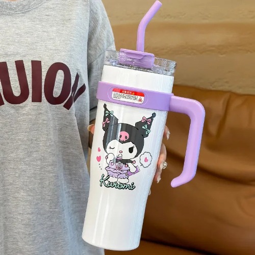 Kawaii Thermos Tumblers With Straw - 1200ml White Kuromi