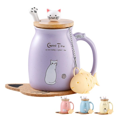 Kat Mok Leuke Keramische Koffiekop met Mooie Kitty deksel Roestvrijstalen Lepel, Nieuwigheid Ochtendbeker Thee Melk Kerstmok Gift 380ML (Paars)