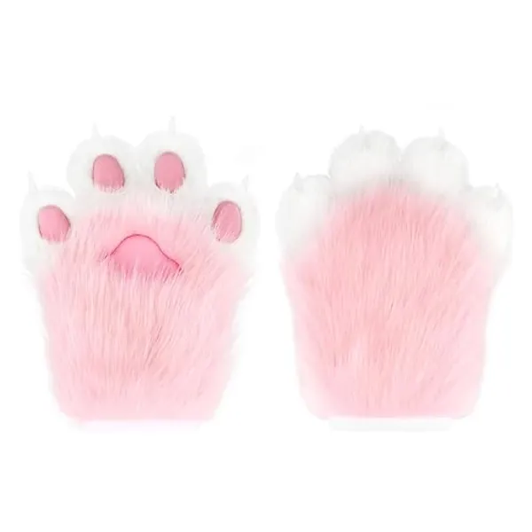 hbbhml Faux Fur Plush Furry Cat Claw Gloves Fursuit Animal Fox Paws Mittens Halloween Cosplay Costume Accessories for Adult - Pink