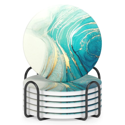 Nipichsha Coasters for Drinks, Set of 6 Marble Absorbent Ceramic Coasters with Holder and Cork Base, Cute Stone Drink Coasters for Cup Kitchen Home Decor Housewarming Gift, Round 4", Gold Teal Ocean - Luxury Gold Teal Ocean