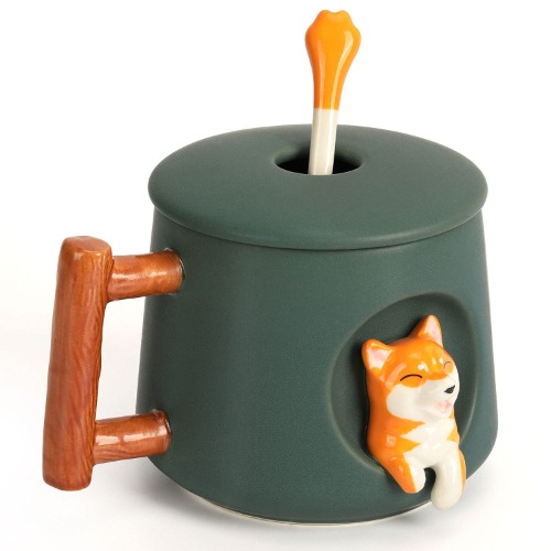 YLOKO 3D Shiba Inu Cute Coffee Mug, Pattern Inside14oz Cup with Opening Lids and Lovely Matching Cute Paw Spoon, Novelty Morning Mug Christmas Present for Office Families and Friends (Green) - Green
