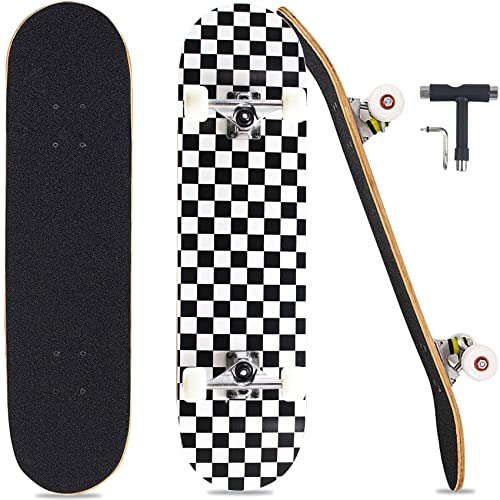 Pwigs Pretty&Popular Pro Complete Skateboards for Beginners Adults Youths Teens Kids Girls Boys 31"x8" Skate Boards Canadian Maple Double Kick Concave Longboards with T Tools - Check