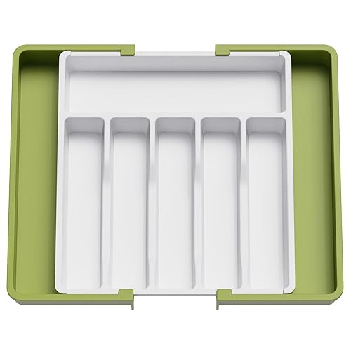 Lifewit Silverware Drawer Organizer, Expandable Utensil Tray for Kitchen, BPA Free Flatware and Cutlery Holder, Adjustable Plastic Storage for Spoons Forks Knives, Large, Green&White - 1 - Green&White