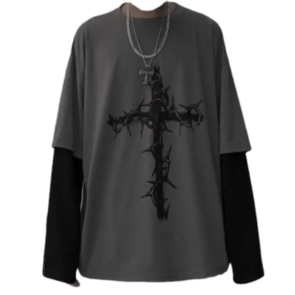 Goth Shirt Gothic Shirt Fake Two-Piece Alternative Clothing Goth Long Sleeve Top Grunge Clothes - Gray Large