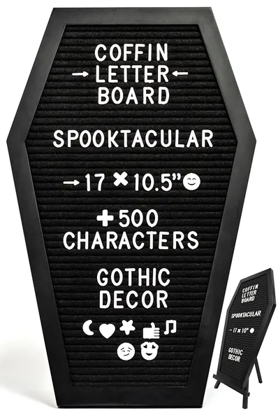 Nomnu Black Felt Coffin Letter Board - Gothic Decor Message Board - Horror, Gothic, Spooky Gifts - 17x10.5 Inches, 500 White Characters, Stand. Creepy Halloween Decor Letterboard - Black